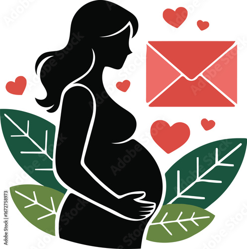 Silhouette of a pregnant woman holding a blooming flower pot representing love and new life isolated on transparent background