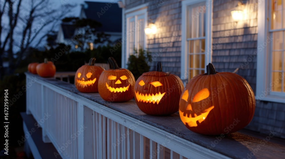 Fototapeta premium Spooky pumpkins on a porch railing, lit up for Halloween at night