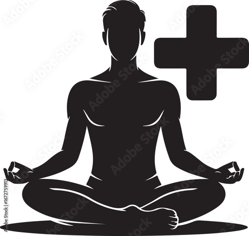 Silhouette of a man in a yoga pose isolated on transparent background