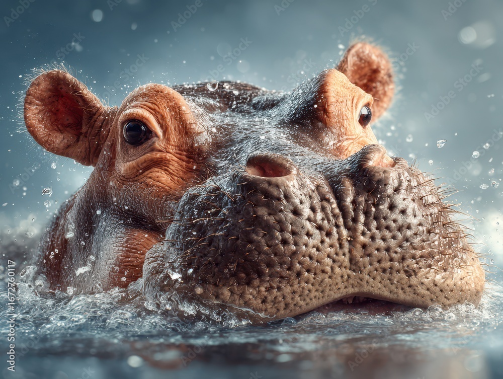 Fototapeta premium Hippopotamus emerging from water, showcasing its distinct features and playful demeanor in a vibrant habitat