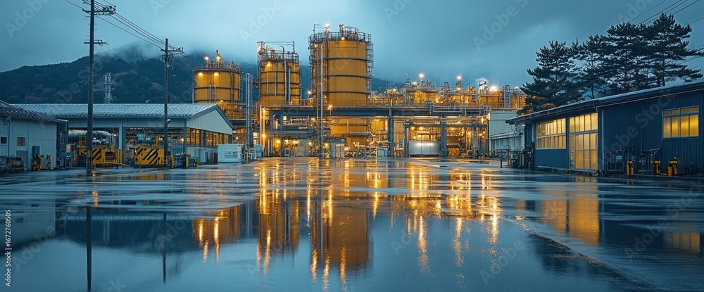 Fototapeta premium Illuminated industrial complex reflects in wet ground at dusk, near mountains