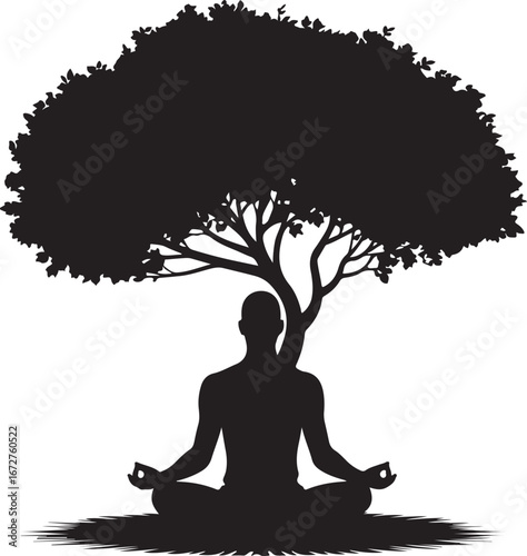 Serene yoga meditation pose with a majestic tree silhouette isolated on transparent background