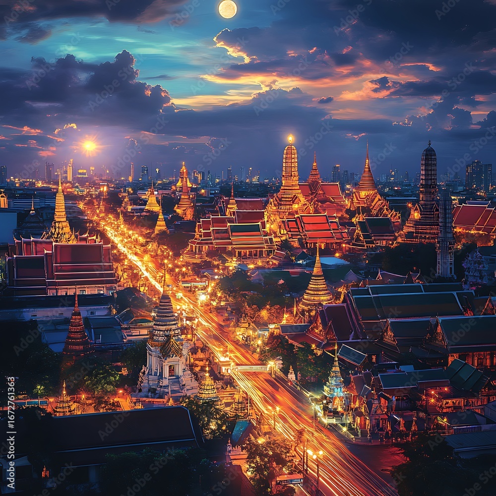 Fototapeta premium Scenic bangkok skyline with golden pagodas and temples high resolution picture