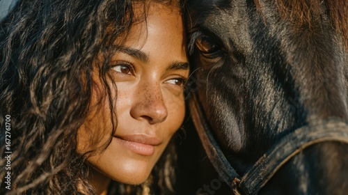 Portrait of a woman with curly hair lovingly interacting with a horse during sunset