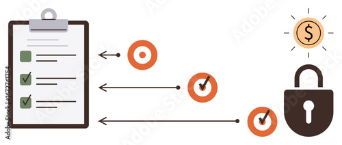 Checklist clipboard, progress targets with arrows and checkmarks, closed padlock, and coin icon with dollar sign. Ideal for productivity, finance, goal-setting, workflow, security planning task