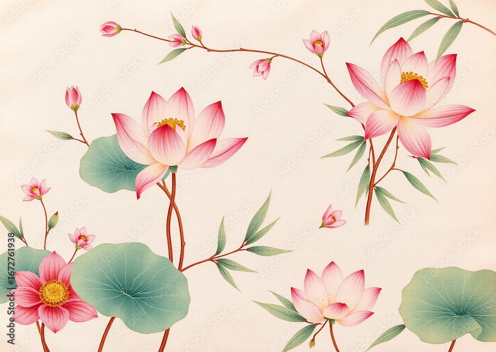 Fototapeta premium Elegant traditional artwork depicting blooming pink and white lotus flowers, delicate buds, and verdant leaves on a soft, serene background.