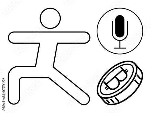 Stick figure in a warrior yoga pose paired with a microphone and bitcoin symbols. Ideal for digital wellness, finance, cryptocurrency, balance, mindfulness, health, simple landing page