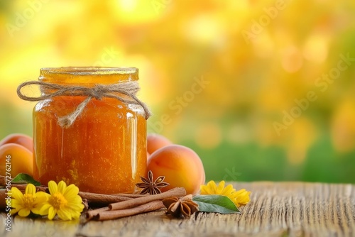 A wooden table holds a glass jar filled with apricot jam, along with anise, cinnamon, several apricots, and a bouquet of flowers