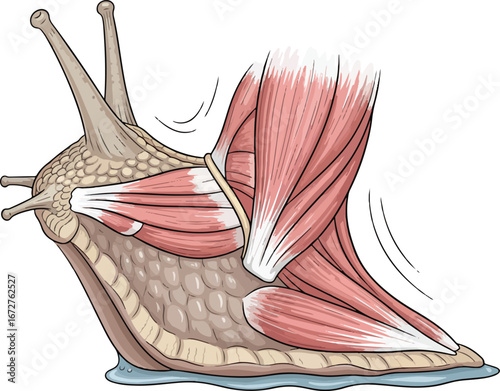 an anatomical diagram of a snail showing its muscular system and foot