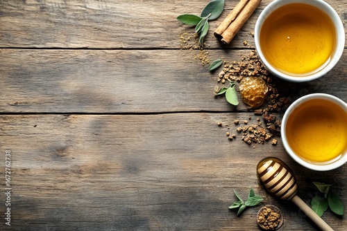 A flat lay on a wooden table showcases freshly brewed rooibos tea, dry leaves, and cinnamon sticks, providing space for text