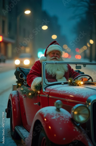santa claus driving down the street at night in an old retro car, christmas concept