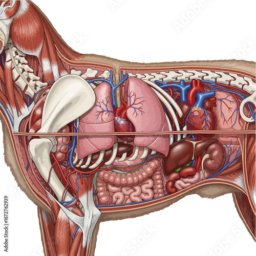 Detailed internal anatomy illustration of a dog showing major organs muscular system and circulatory system.
