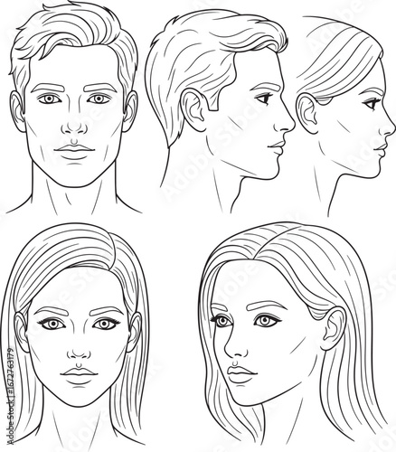 Line art reference of male and female faces from different perspectives for drawing and artistic study