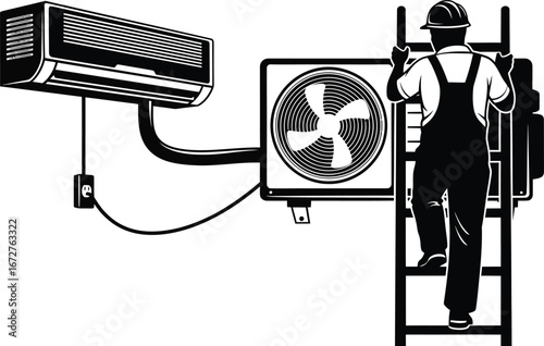 Air conditioning system installation and maintenance by a technician on a ladder.