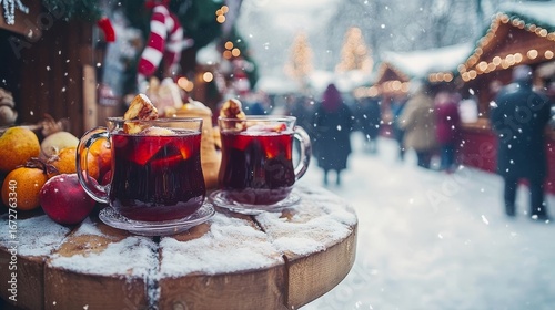 This photo depicts a wooden table with mulled wine, snow, and cinnamon sticks