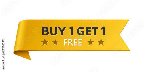 Golden Banner of Special Offer: A captivating, photorealistic gold ribbon showcases a striking Buy 1 Get 1 Free promotion, ready to attract attention with a stellar arrangement of stars.