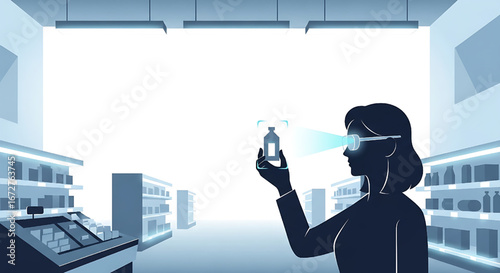 Augmented Reality Shopping: Woman with AR Glasses in a Pharmacy Store