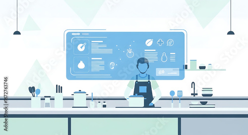 Futuristic kitchen with chef preparing food using smart technology interface