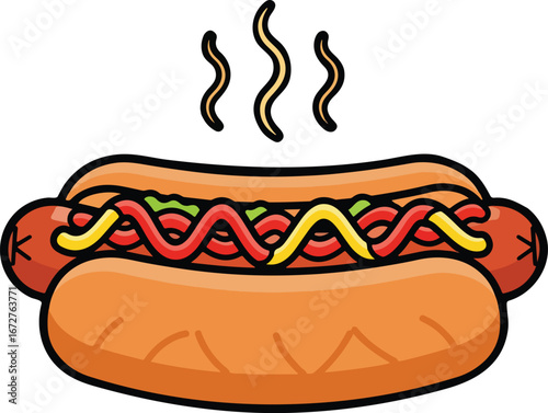 A hot dog topped with wavy lines of mustard ketchup and relish with steam lines