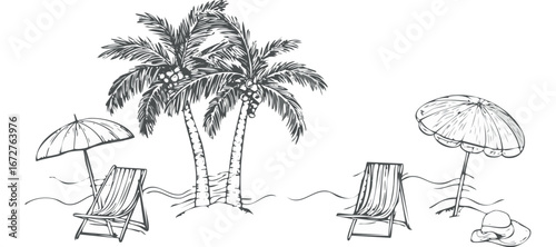 Sketchy Beach Getaway: The calm of a deserted beach, rendered in monochromatic artistry. Two palm trees anchor the scene, providing a tropical setting for relaxation and serene escape. 