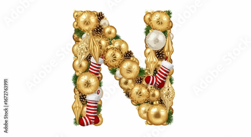 Alphabet letters in the christmas theme christmas vector christmas letter n ornaments holiday decorations festive season celebration gold balls pine cones stockings
