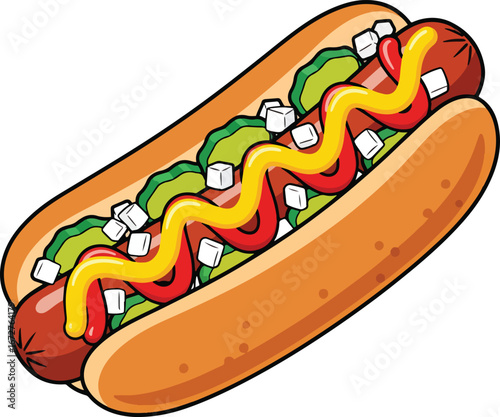 A simplified colorful hot dog topped with wavy lines of mustard ketchup relish and onions