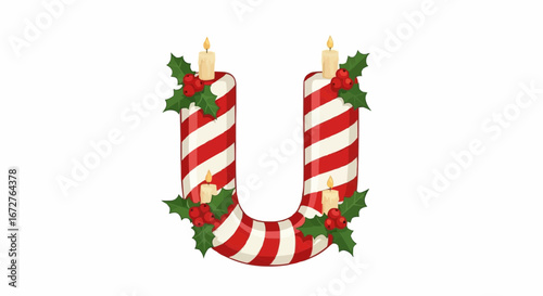 Alphabet letters in the christmas theme christmas vector letter u christmas candy cane alphabet with holly berries and candles holiday season festive design element