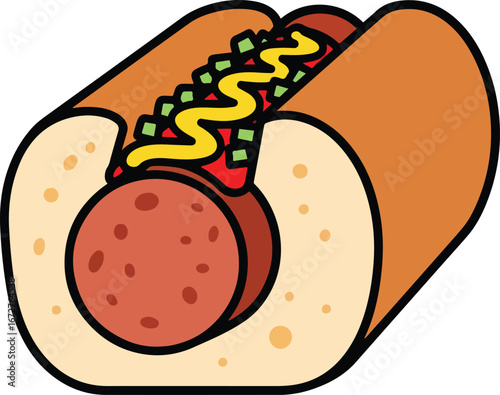 A colorful cartoon drawing of a hot dog topped with mustard ketchup and relish viewed from an angle.