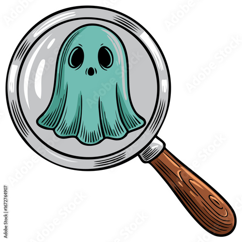 Ghost Under Scrutiny Magnifying Glass Illustration Investigating Apparitions and Halloween Theme
