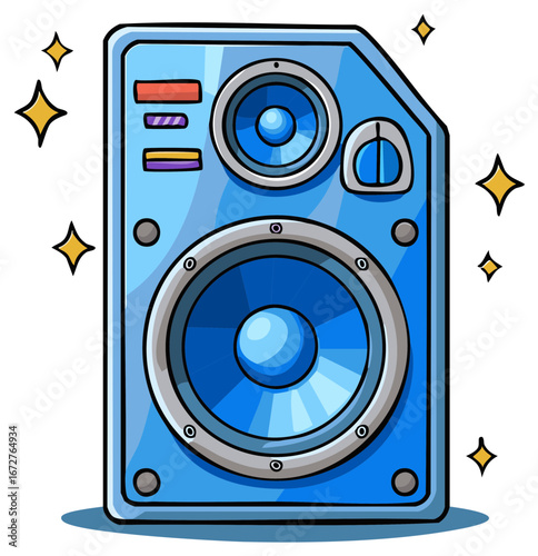 Blue speaker with glitter and stars. Cartoon music equipment illustration.