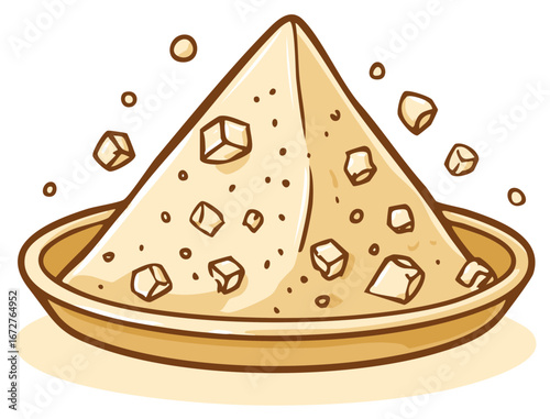 Cartoon conical pile of sugar with cubes and particles in a dish