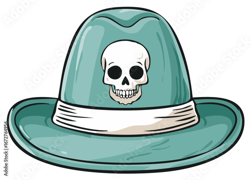 Cartoon illustration of a turquoise fedora hat with a skull on the front.