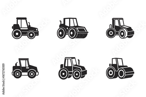 Collection of Black and White Road Roller Icons Set in Various Designs Industrial Machinery Graphic Illustration