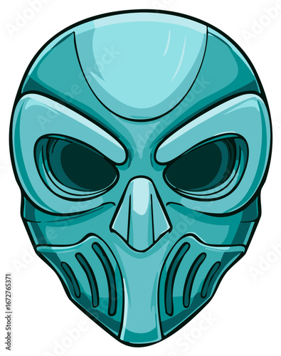 Teal Metallic Mask Design with Strong Angular Features and a Stylized Skull Face