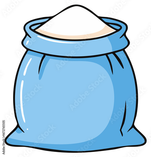 Stylized illustration of a blue sack filled with white powder or sugar