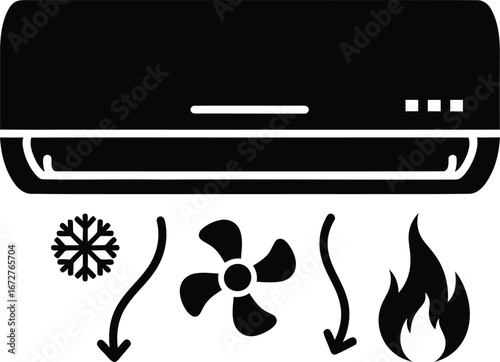 Illustration of a wall-mounted air conditioner with cooling and heating symbols.