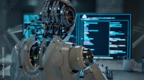 Animation of a hacker with robotic hands a concept of cybercrime, artificial intelligence threats and cybersecurity 4k video