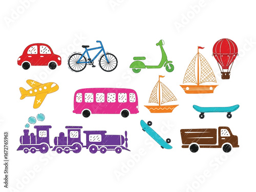Transportation Variety: A playful collection of transportation vehicles, including cars, bikes, planes, and more, ready for imaginative adventures and travel
