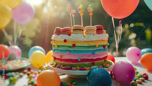 Rainbow layer cake at outdoor children's party