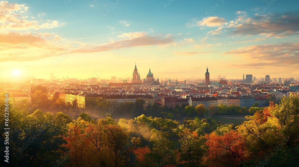 Naklejka premium Scenic warsaw skyline featuring vibrant rooftops and churches picture