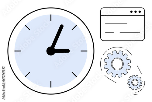 Large clock representing time, web page layout for digital tools, gears for workflow. Ideal for productivity, organization, planning, efficiency, automation business processes collaboration. Simple