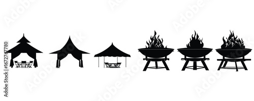 set of temple and brazier silhouette for culture festival and religion design