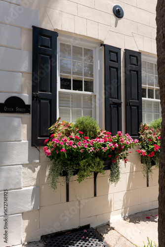 Canvas Print Vibrant flower boxes filled with pink and red blooms decorate windows with black