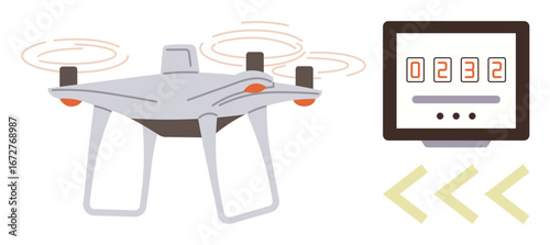 A quadcopter drone with rotating propellers next to a numeric control display. Ideal for technology, innovation, data management, surveillance, automation, monitoring, and digital transformation
