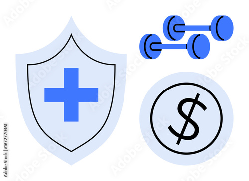 Shield with medical cross, blue dumbbells, and coin with dollar sign. Ideal for health protection, fitness, financial planning, wellness, insurance, balanced lifestyle simple flat metaphor