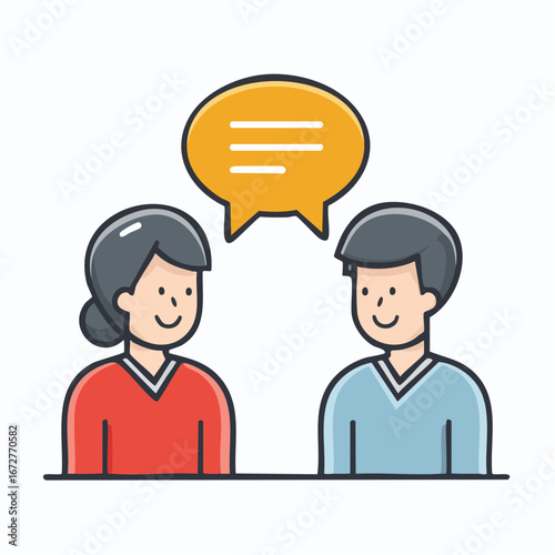 Communication icon in flat vector style. People talking silhouette with speech bubble, symbol of discussion, teamwork, and social interaction.
