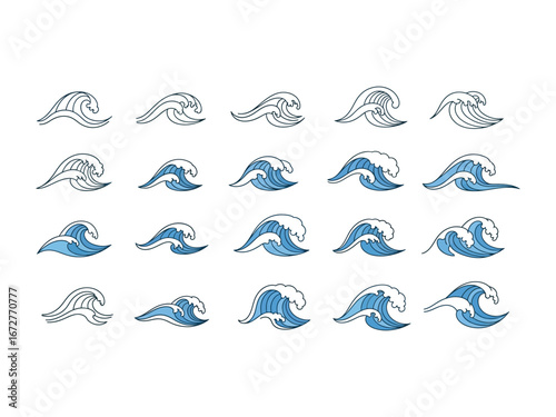 Ocean Wave Patterns: a collection of elegantly designed ocean waves, showcasing diverse forms and shapes, perfect for adding a touch of maritime charm to any design or project.