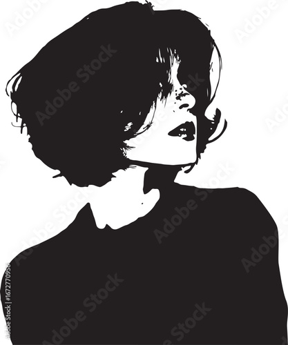 A high-contrast vector portrait of a woman with a messy bob hairstyle and freckles, rendered in a striking black and white silhouette