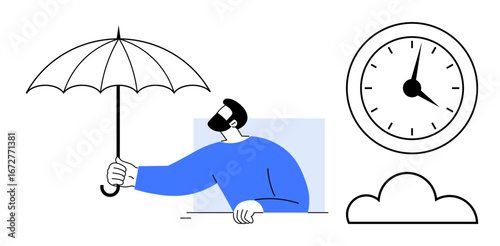 Man holding an umbrella symbolizing protection, a clock for time, and a cloud for weather or uncertainty. Ideal for insurance, time management, planning, productivity, risk management, weather