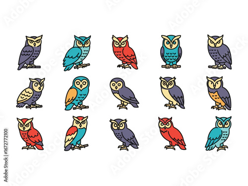 Owl Variety Collection: A vibrant collection of diverse owl illustrations in a kaleidoscope of colors, offering a playful and artistic exploration of these captivating nocturnal birds.